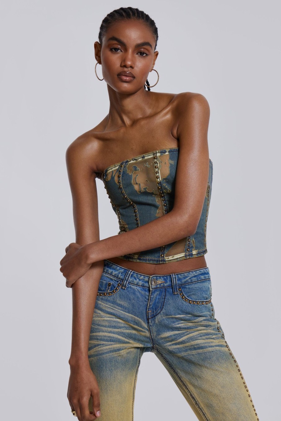 Jaded London Vega Denim Corset Top | Bandeau Tops