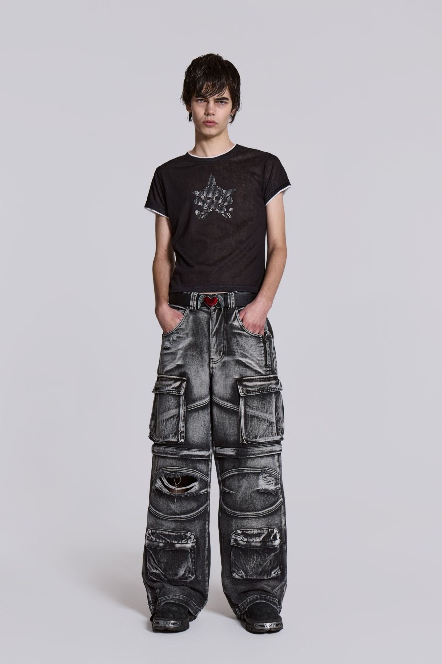 Jaded London Washed Black Apex Denim Cargos | Cargo Pants