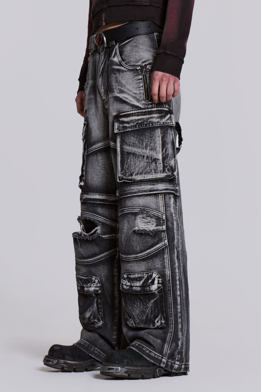 Jaded London Washed Black Apex Denim Cargos | Cargo Pants