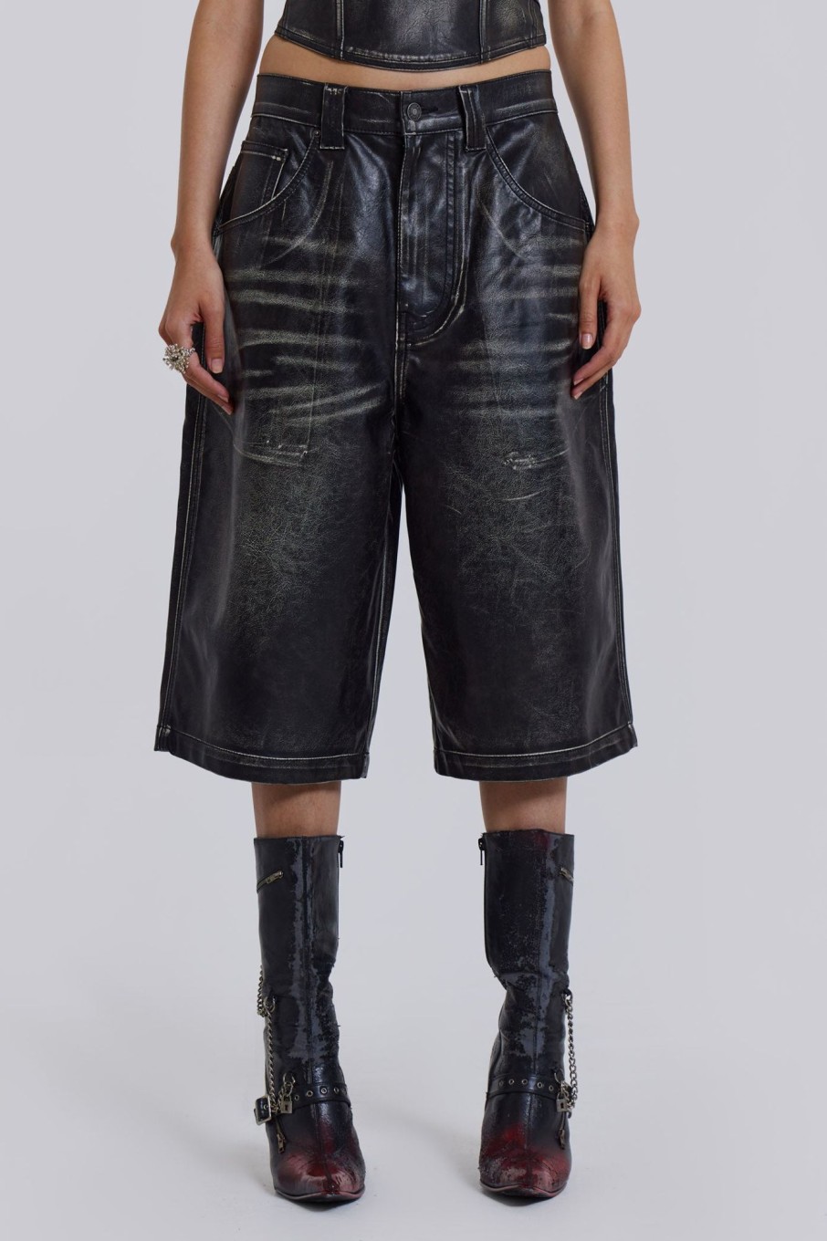 Jaded London Ash Faux Leather Colossus Shorts | Colossus Jeans