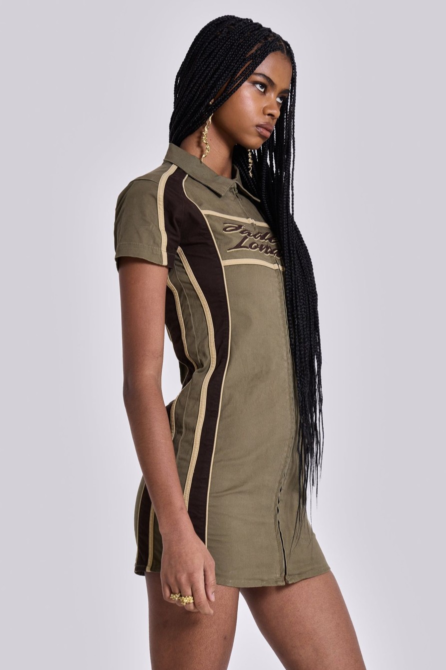 Jaded London Racer Dress In Khaki | Mini Dresses