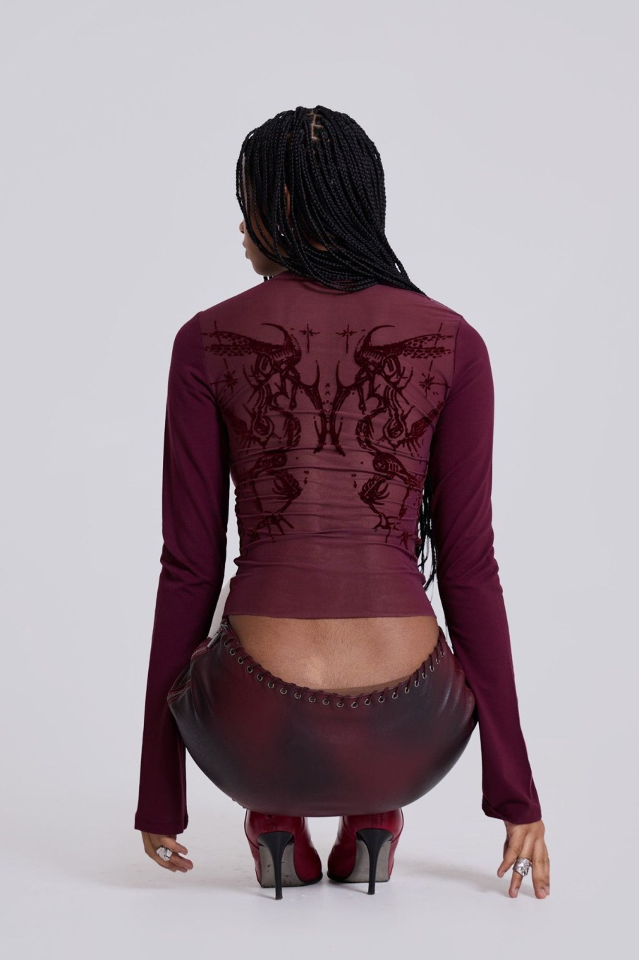 Jaded London Wine Wings Mesh Top | Long Sleeve Tops