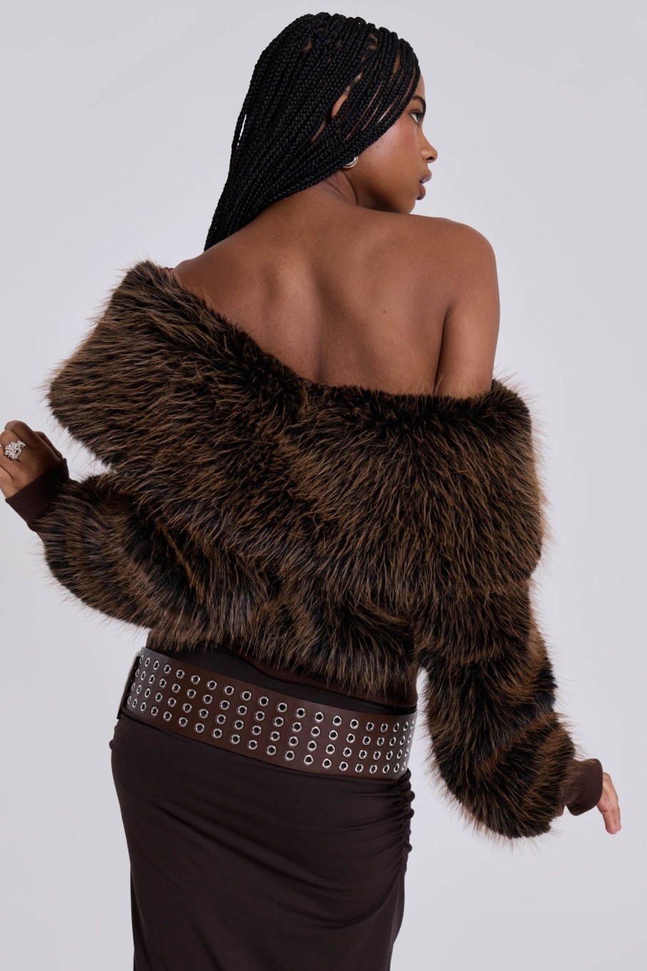 Jaded London 316 Off The Shoulder Fur Jumper | Long Sleeve Tops