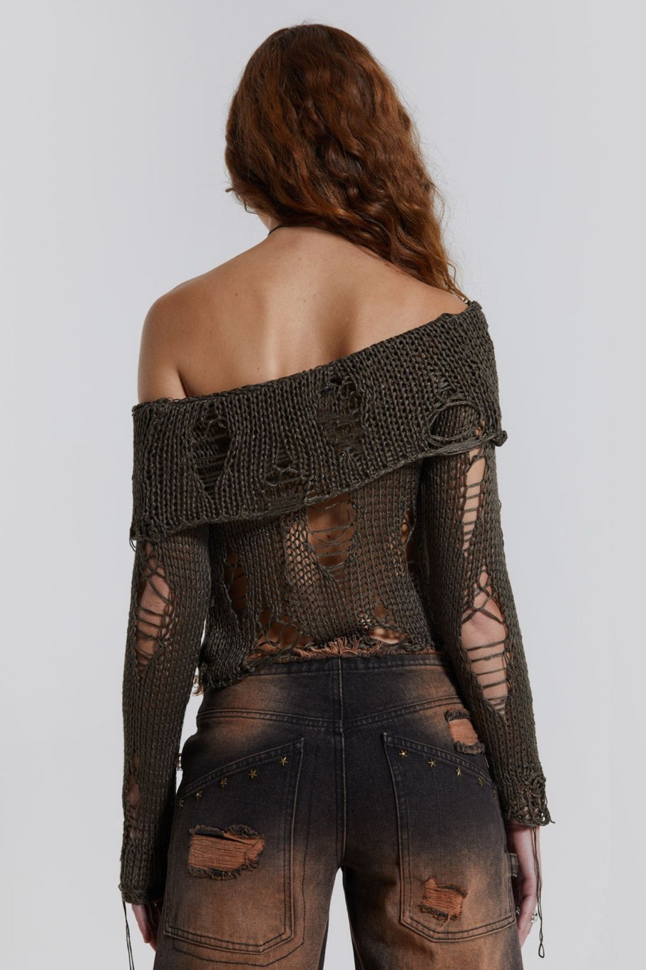 Jaded London Esra Laddered Knit Off The Shoulder Top | Long Sleeve Tops