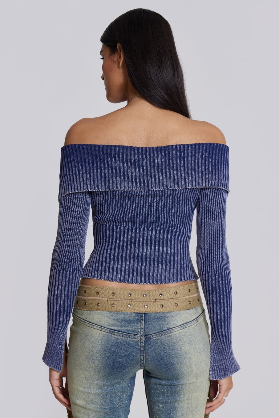 Jaded London Tribeca Blue Ribbed Off The Shoulder Knit | Bandeau Tops