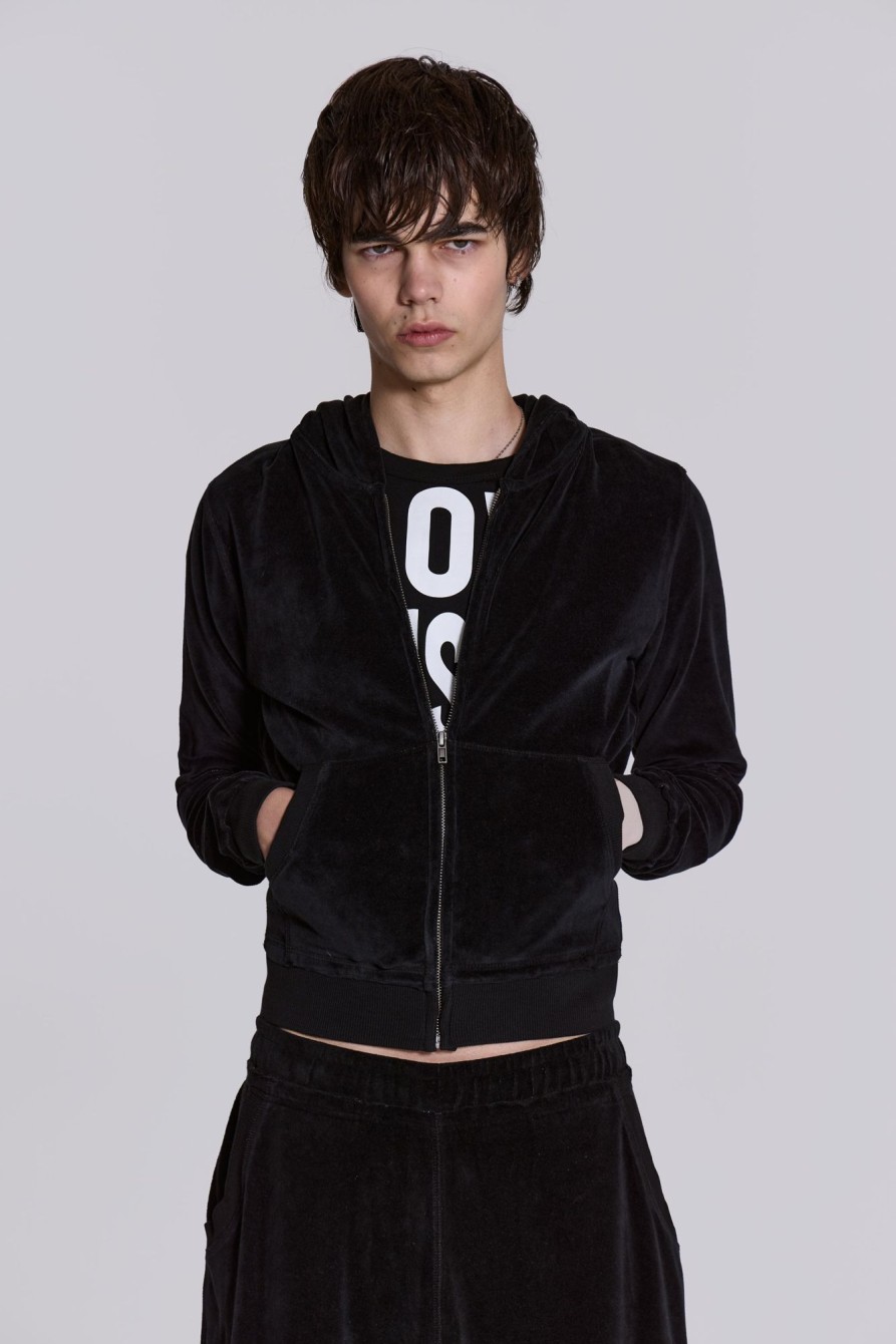 Jaded London Angel Black Velour Zip Hoodie | Loungewear