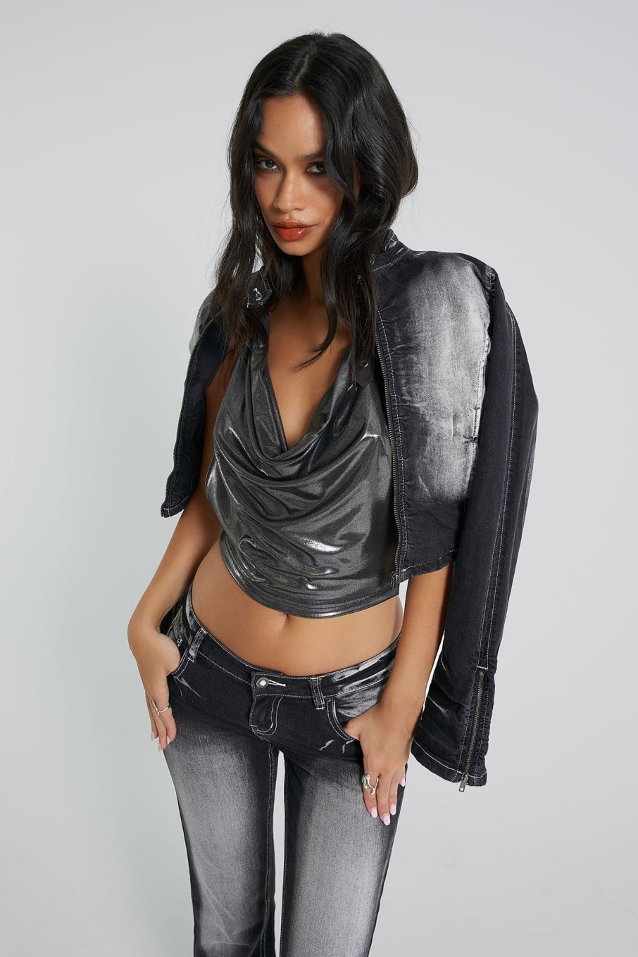 Jaded London Hardware Backless Metallic Plunge Top | Crop Tops