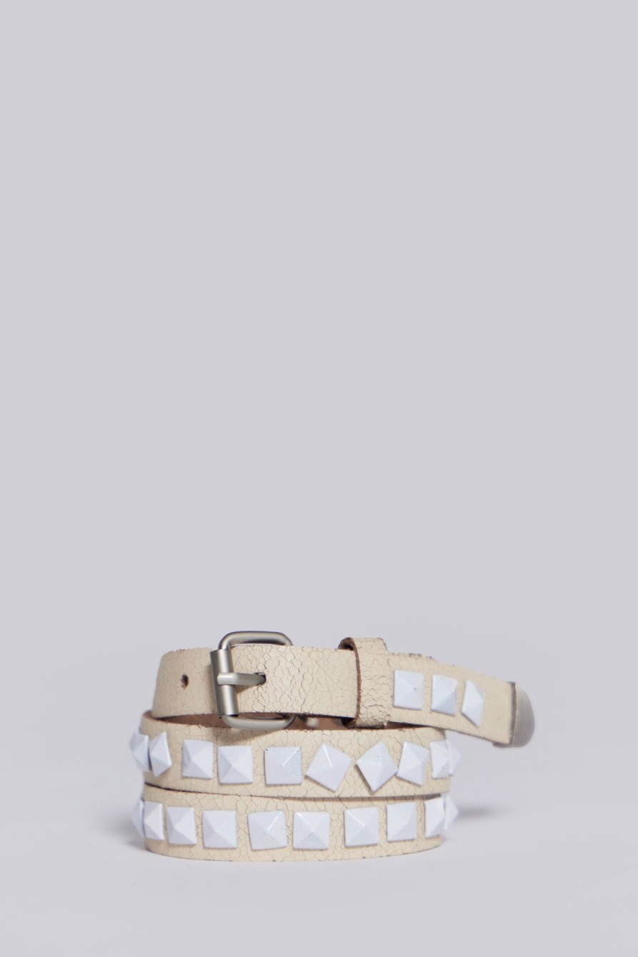 Jaded London Pyramid Stud Cracked Off White Leather Belt | Accessories