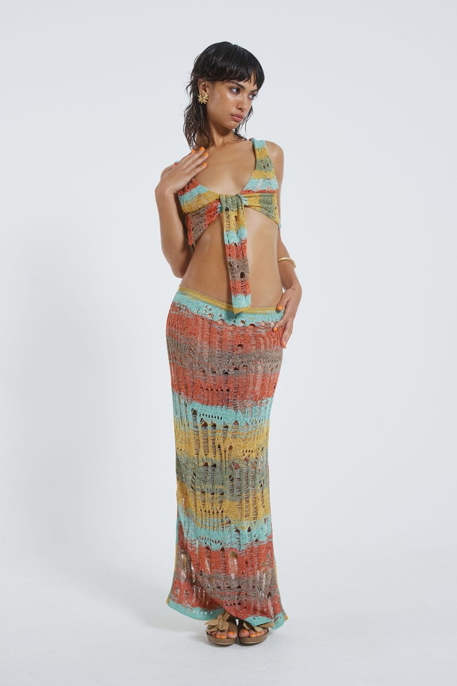 Jaded London Odette Striped Laddered Knit Maxi Skirt | Beach Co-Ords