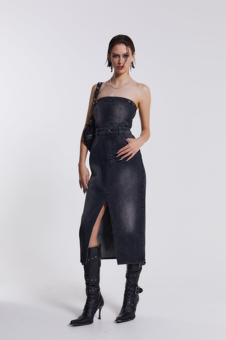 Jaded London Liberty 2 In 1 Detachable Denim Black Midi Dress | Midi Skirts