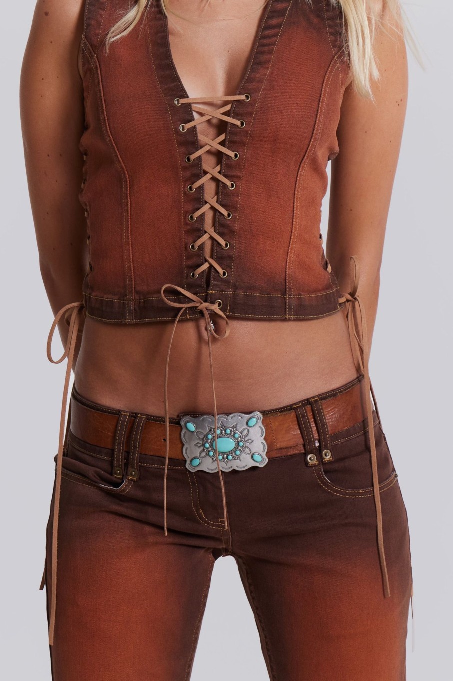 Jaded London Genesis Denim Lace Up Corset Top | Crop Tops