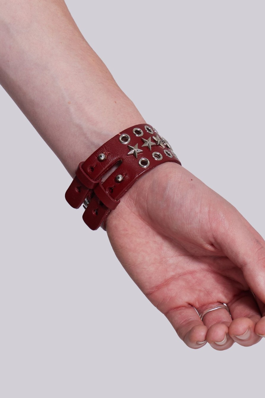 Jaded London Red Leather Studded Bracelet | Accessories