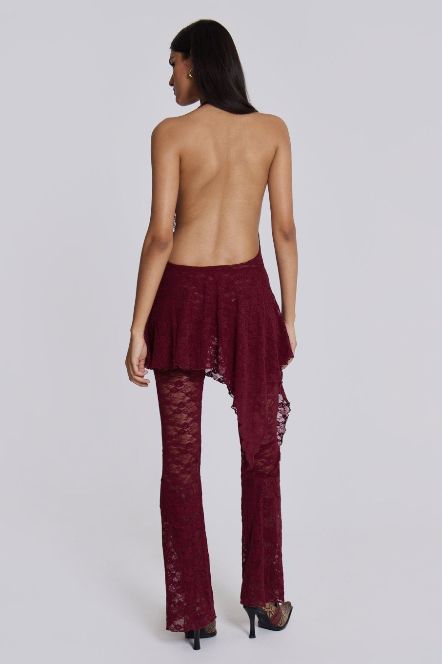 Jaded London Burgundy Riva Lace Co-Ord Set | Trousers & Pants