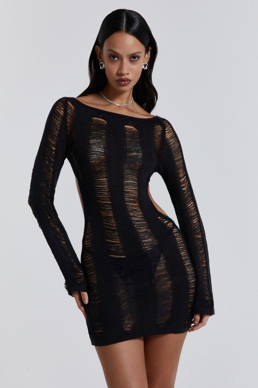 Jaded London Black Umbra Shredded Mini Dress | Knitwear